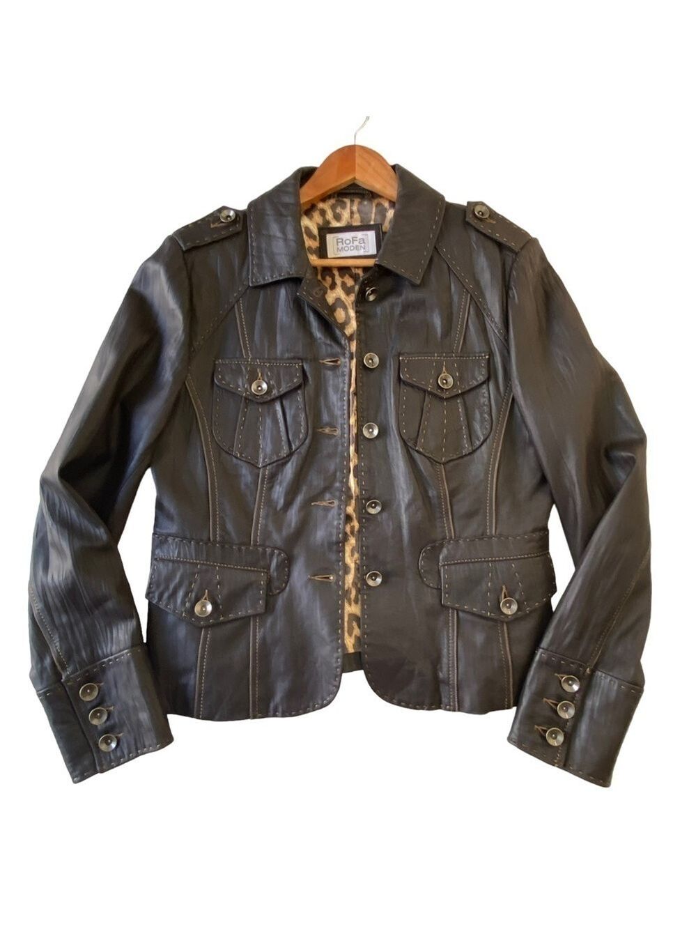 Rofa Moden genuine leather jacket brown soft button up pockets sewing details 46